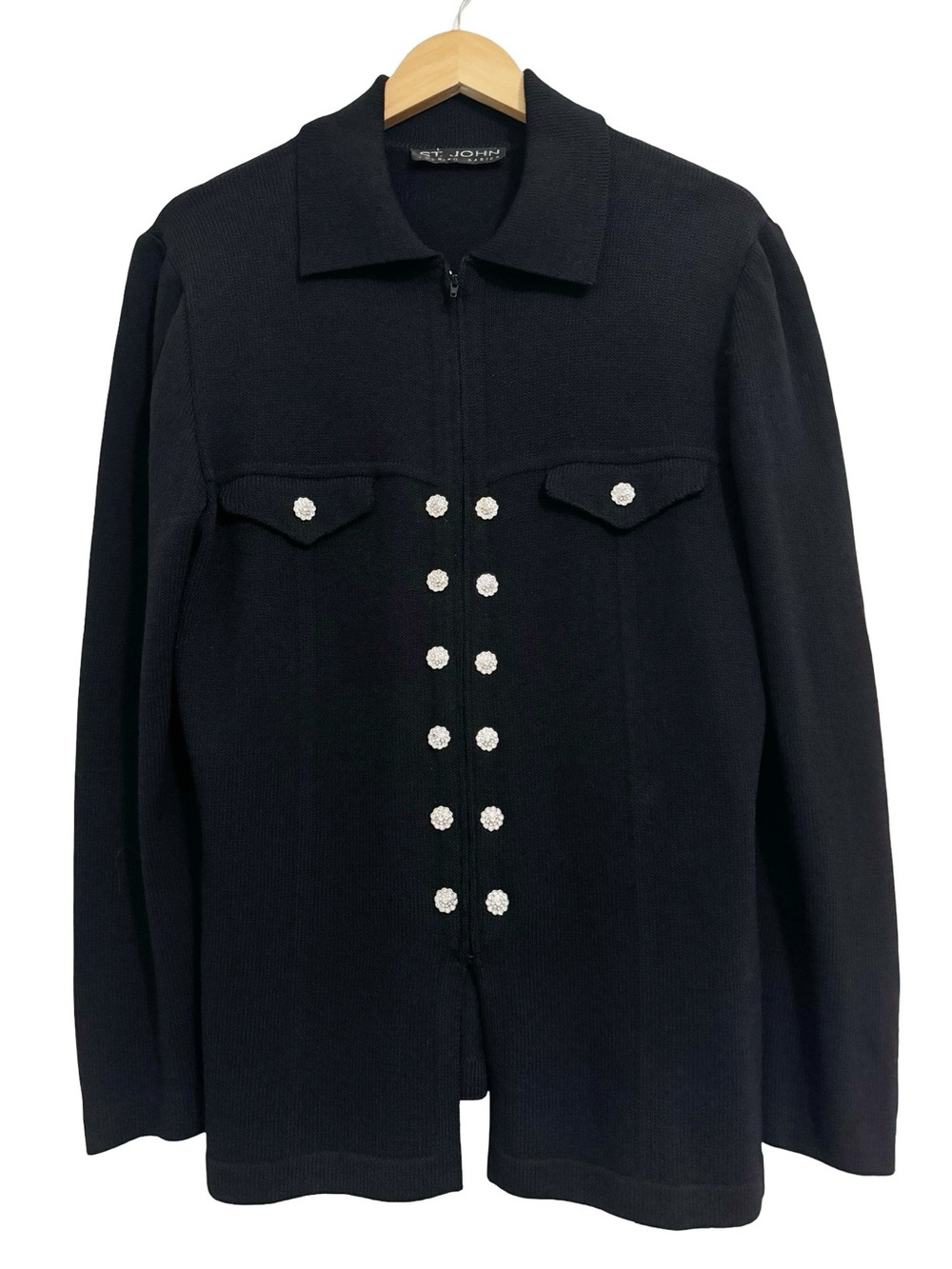 St. John Evening Black Santana Knit Rhinestone Button Jacket 12